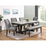 6pc Dining Set Contemporary Style White Faux Marble Rectangular Table Top Gray Upholstery Chairs Button Tufted Bench Black Finish Wooden Solid Wood Dining Room Furniture B011135288