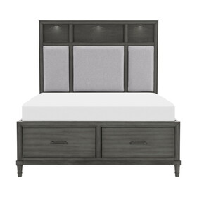 Gray Queen Platform Bed w Storage Drawers Upholstered Headboard USB Ports LED Lights Bedroom Furniture Transitional Style B01158486