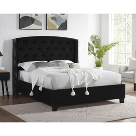 1pc Contemporary Style Upholstered Fabric Button Tufting Nailhead Trim Demi-wings Eva Bed Black Finish Wooden Bedroom Furniture B011S00686