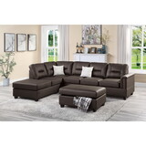 Contemporary 3-PCS Reversible Sectional Set Living Room Furniture Espresso Color Faux Leather Couch Sofa, Reversible Chaise Ottoman P-B011S00720