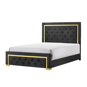 Contemporary Glam Queen Black Fabric Upholstered Panel 1pc Queen Bed Black Fabric Gold Legs Bedroom Furniture B011S00758