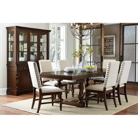 Modern 7pc Dining Set Extendable Table and 6 Side Chairs Cream Upholstered Wooden Dining Furniture Dark Oak Finish B011S00826