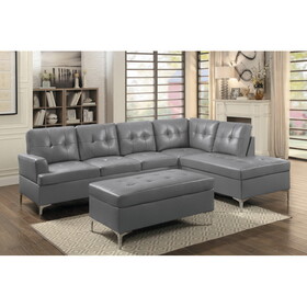 Contemporary Gray 3pc Sectional Sofa with RSF Chaise Ottoman Tufted Detail Faux Leather Upholstered Solid Wood Living Room Furniture L-Shape Sofa Chaise B011P170544
