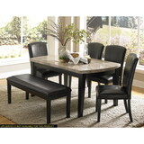 Dark Espresso Finish 6pc Dining Set Genuine Marble Top Table with Bench 4 Chairs Faux Leather Upholstery Dining Kitchen Set Wooden Furniture
