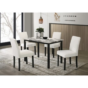 White Color Wool Fabric Chairs Faux Marble Top Table 5pc Dining Set Kitchen Dinette Cushions Upholstered 4x Chairs Dining Room B011S00885
