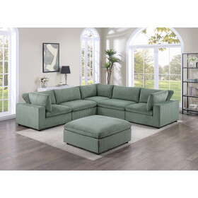 Sage Color 6pc Modular Sectional Set Corduroy Upholstery Couch 3x Corner wedge, 2x Armless Chairs 1x Ottoman Living Room Furniture