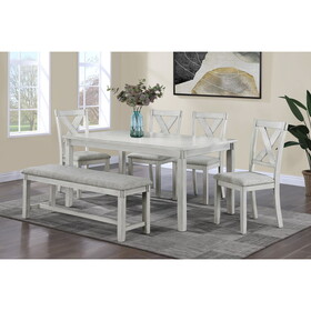 Rustic Farmhouse Transitional 6pc Dining Set Rectangular Table Linen Look Fabric Upholstered Chair Bench Seat Wooden Dining Room Furniture White/Gray Drift Wood Finish