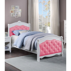 White Twin Size Bed Youth Bedroom Furniture Pink Faux Leather Headboard Footboard Plywood 1pc Bedframe