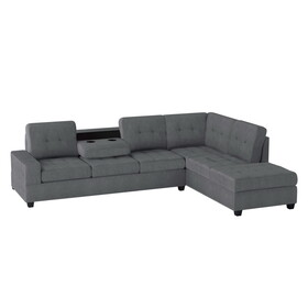 Modern Living Room 2-Piece Sectional Reversible Sofa Chaise Tufted Detail Dark Gray Microfiber Upholstered Drop-Down Cup-holder Solid Wood Frame Furniture