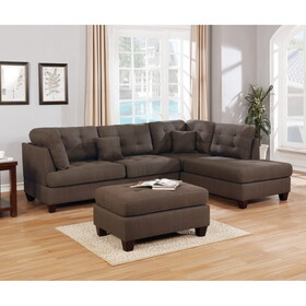 Modern 3pc Sectional Sofa Set Reversible Chaise Sofa Ottoman Black Coffee Polyfiber Linen Like Fabric Living Room Furniture Couch