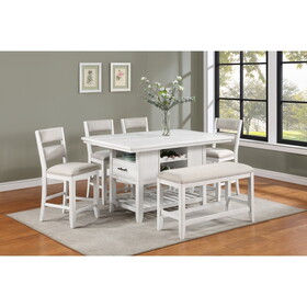 6-Piece Counter Height Dining Set White Rectangular Table Wine Bottle Storage Upholstery Chairs Open Shelf Storage Drawer Wooden Solid Wood Furniture
