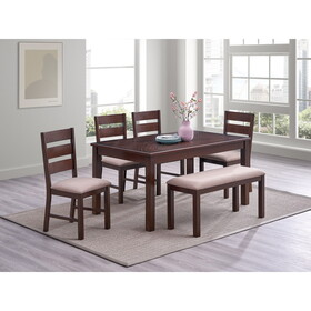 Contemporary Antique Cherry 6pc Dining Set Table and 4x Side Chairs 1x Bench Melamine Table Top Fabric Cushion Seats Chairs Solid wood Dining Room Furniture
