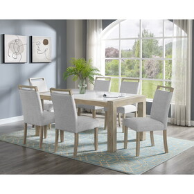 7pc Dining Set Contemporary Style White Genuine Marble Stone Rectangular Table Full Back Upholstered Chairs Beige Gray Dining Room Wooden Furniture B011P197714