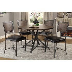 Rustic Industrial Style 5pc Dining Set Round Table and 4x Side Chairs Faux Leather Seat Metal Frame Burnished Brown Finish and Gray Metal Finish Kitchen Furniture P-B011P199728