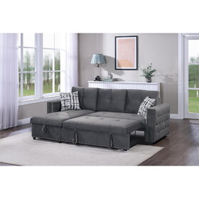 Gray Velvet Convertible Sectional Sofa Pull out Bed Couch Storage Chaise Tufted Reversible 2pc Sectional Living Room P-B011S01021