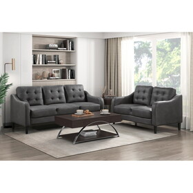 Gray 2pc Sofa Set Microfiber Upholstered Sofa Loveseat Set Button-Tufted Contoured Arms Solid Wood Frame Casual Living Room Furniture B011S01072