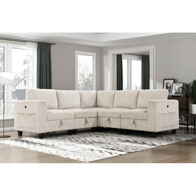 5-Piece Modular Sectional with Storage Seats, Side Pockets, Charging Ports Beige Corduroy Fabric Modern Living Room Sectional Couch Solid Wood Furniture B011S01077