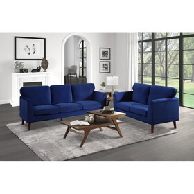 Modern Contemporary 2pc Sofa Set Blue Sofa Loveseat Velvet Upholstery Dark Brown Legs Solid Wood Living Room Furniture B011S01084