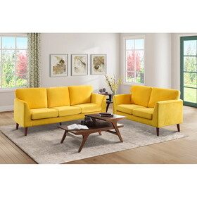 Modern Contemporary 2pc Sofa Set Yellow Sofa Loveseat Velvet Upholstery Dark Brown Legs Solid Wood Living Room Furniture B011S01086