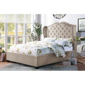 Modern Traditional Beige Upholstered Queen Bed Button-Tufted Wing Back Headboard Design Nailhead Trim Wooden Bedroom Furniture 1pc B011S01111