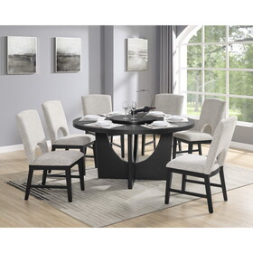 7pc Modern Round Table Black Finish w Lazy Susan Wooden Contemporary 6x Side Chair Upholstered Seat Dining Room Wooden Fabric Wood Furniture B011S01128