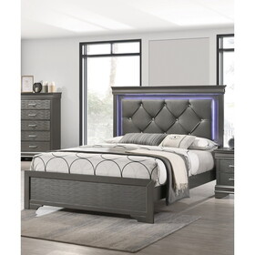 Dark Gray Faux Leather Tufted Headboard 1pc Queen Size Bed w LED Bedroom Furniture Gray Unique Texture FB Solid wood B011S01197