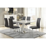 Modern Contemporary 7pc Dining Set White High Gloss Finish Table w Extension Leaf V-shaped Support Gray faux Leather Upholstered Chairs Diamond Pattern Stitching Luxury Furniture Set B011S01212