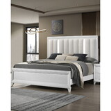 Modern 1pc King Size LED Light Linen Look Fabric Upholstered Headboard Panel Bed White Finish Solid Wood Wooden Bedroom Furniture