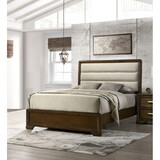 Beautiful Contemporary 1pc Queen Size Brown Finish Solid Wood Beige Upholstered Queen Size Panel Bed 1pc Wooden Bedroom