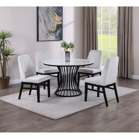 5pc Dining Set Contemporary Modern Style White Faux Marble Round Table Cage Like Base White Fabric Upholstery Dining Wooden Furniture Black Finish B011S01408