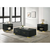 3pc Contemporary Coffee Table Storage Drawers Open Shelf Space Black Gold Finish Metal Pull Knob Living Room Wooden Modern Furniture B011S01452