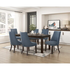 7pc Dining Set Dark Brown Finish Table and Blue Fabric Upholstered 6x Side Chairs Wooden Modern Dining Kitchen Furniture