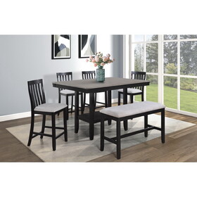 6-Piece Farmhouse Counter Height Dining Set Rectangular Table Light Gray Black Finish Upholstered Chairs Bench Wooden Solid Wood Dining Room Kitchen Furniture