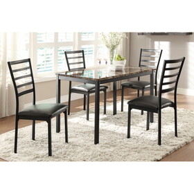 Small Space Dining 5pc Set Faux Marble Table and 4x Side Chairs Black Finish Metal Frame Casual Dining Furniture