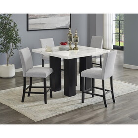 5pc Dining Table Set Counter Height Square Faux Marble Table Top Light Gray Fabric Upholstered Chair Dining Room Wooden Furniture Solid Wood B011S01632