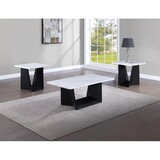 3pc Modern Cocktail Set Coffee Table End Table Luxurious Faux Marble Top Angular Black Base Wooden Living Room Furniture White