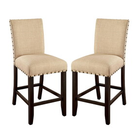 Set of 2 Padded Fabric Counter Height Chairs in Light Walnut and Beige B016P156344