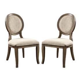 Set of 2 Padded Beige Fabric Dining Chairs in Rustic Oak Finish B016P156826
