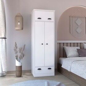 White dresser-closet with upper storage covered with 1 door, this wardrobe also has 2 central shelves and 1 tube for hanging clothes covered by 2 doors, and 1 drawer at the bottom. B0200S00194