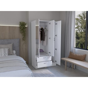 Wardrobe with 3 doors, one with mirror, two drawers, four shelves and hanging bar,White B0200S00260