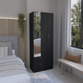 Wardrobe with 3 doors, one with mirror, two drawers, four shelves and hanging bar,Black B0200S00261