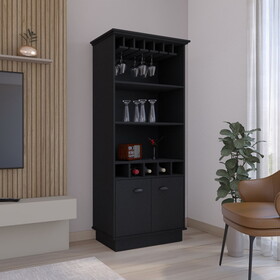 70"H Bar Cabinet with Wine Rack, Upper Glass Cabinet, three Open Storage Shelves and One Cabinet,Black B0200S00270