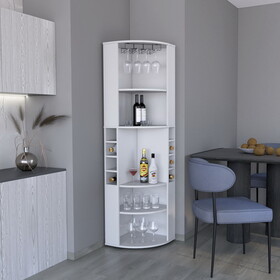 71" Corner Bar Cabinet with Five Shelves, Eight Bottle Cubbies and Stemware,White B0200S00271