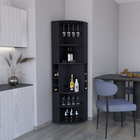 71" Corner Bar Cabinet with Five Shelves, Eight Bottle Cubbies and Stemware,Black B0200S00273