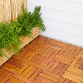 Outdoor Patio 4-Slat Acacia Interlocking Deck Tile (Set of 10 Tiles) B02746843