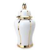 White Linear Gilded Ginger Jar with Removable Lid B030123479