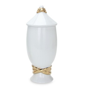 White Ceramic Decorative Jar with Gold Accent and Lid B03082086