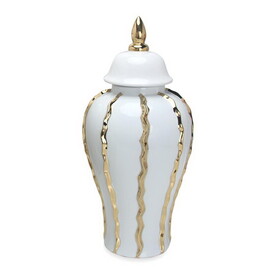 Elegant White Ceramic Ginger Jar with Gold Accents - Timeless Home Decor B03082095