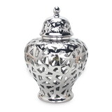 Silver Ceramic Ginger Jar Vase with Decorative Design B03082096