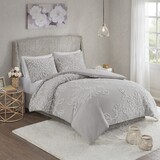 3 Piece Tufted Cotton Chenille Floral Comforter Set Warm Grey/White Full/Queen